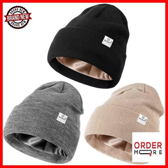 3 Pack Satin Lined Winter Beanie Hats, Ultra-Soft Acrylic, Hair Protection main image 8